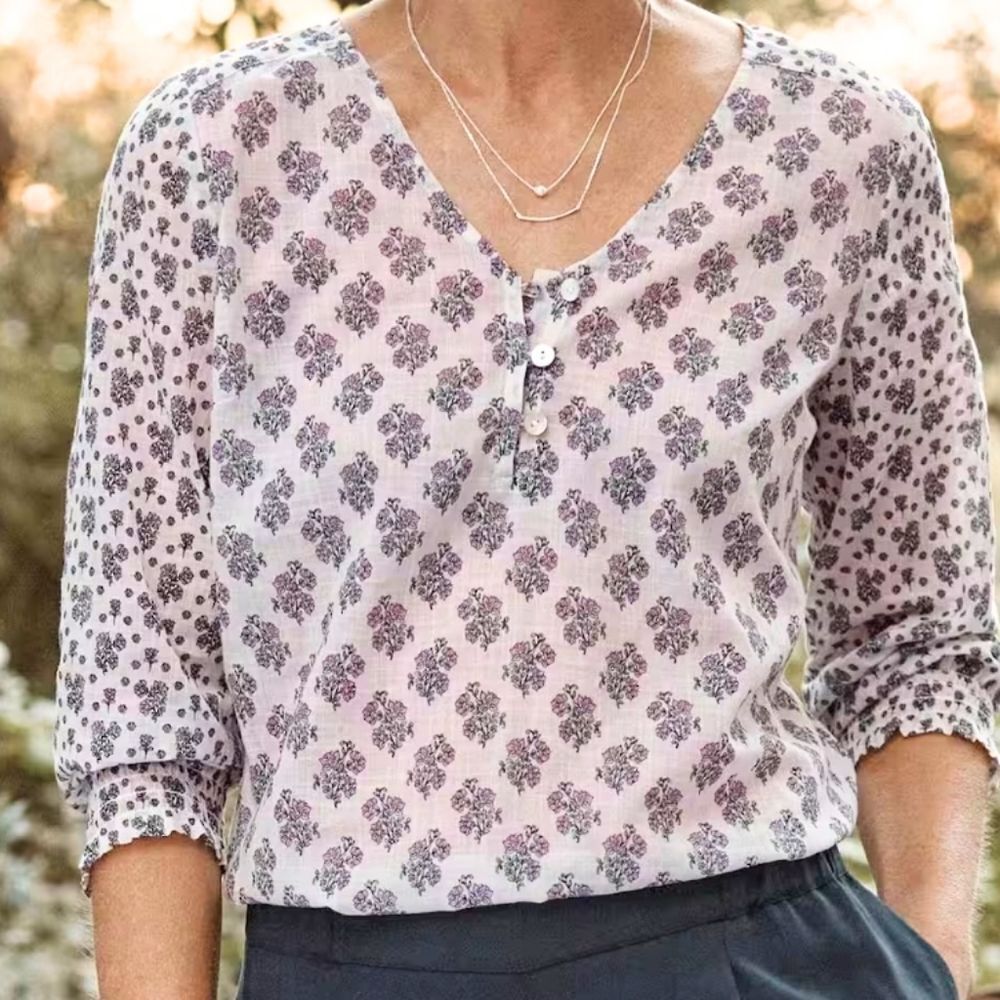 J. Jill Blockprint Floral V-neck Top Lightweight Cotton Size L